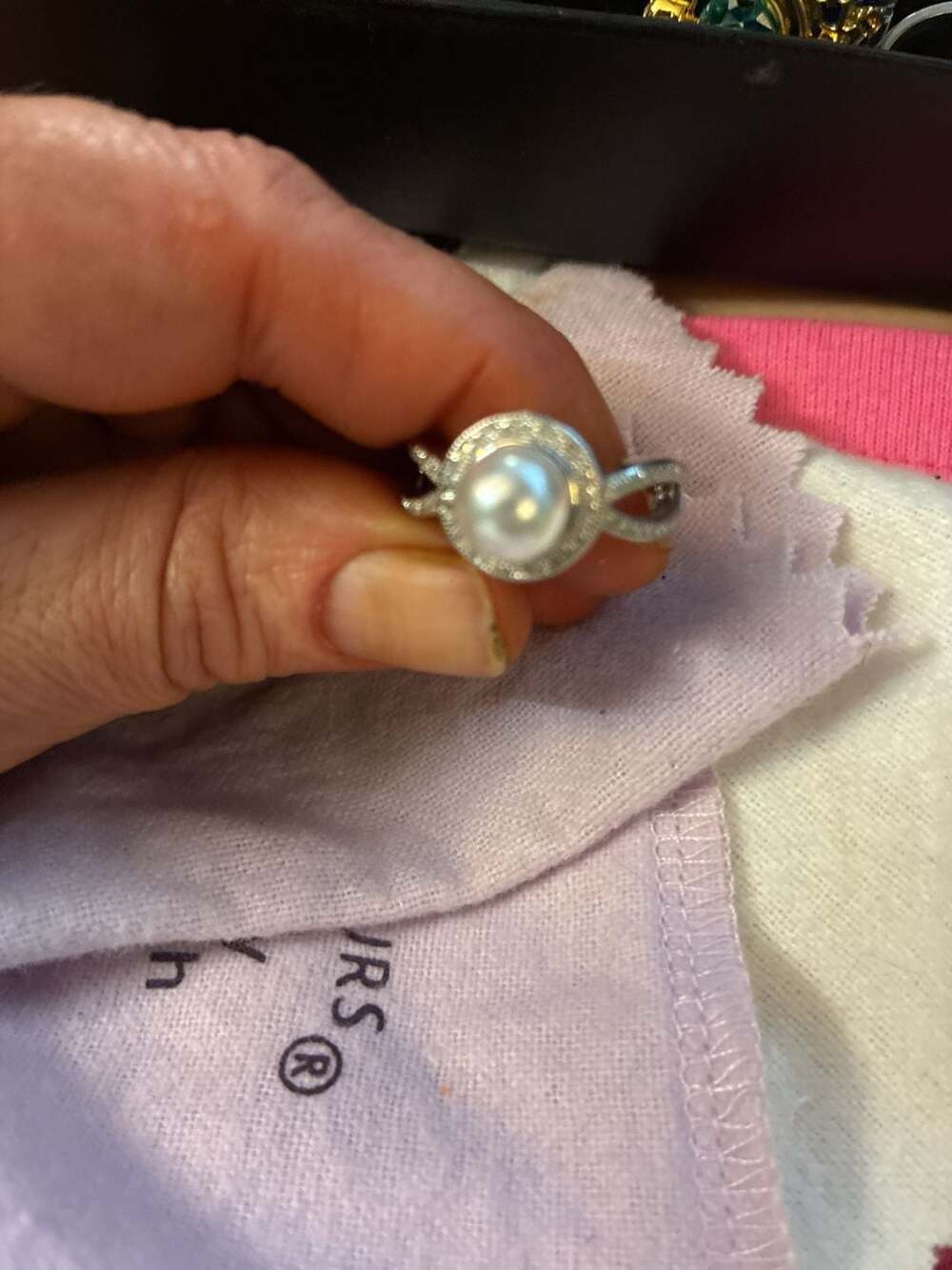Pavé Cubic Zirconia and Imitation Pearl Swirl Ring in Silver Tone